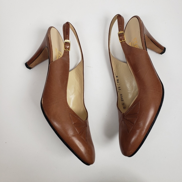 Ferragamo Cognac Brown Leather Slingback Heels 7.5 - Picture 8 of 16